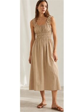 AVN Accordion Dress Camel Beige 100% Cotton Smocked Midi Dress US 2/4